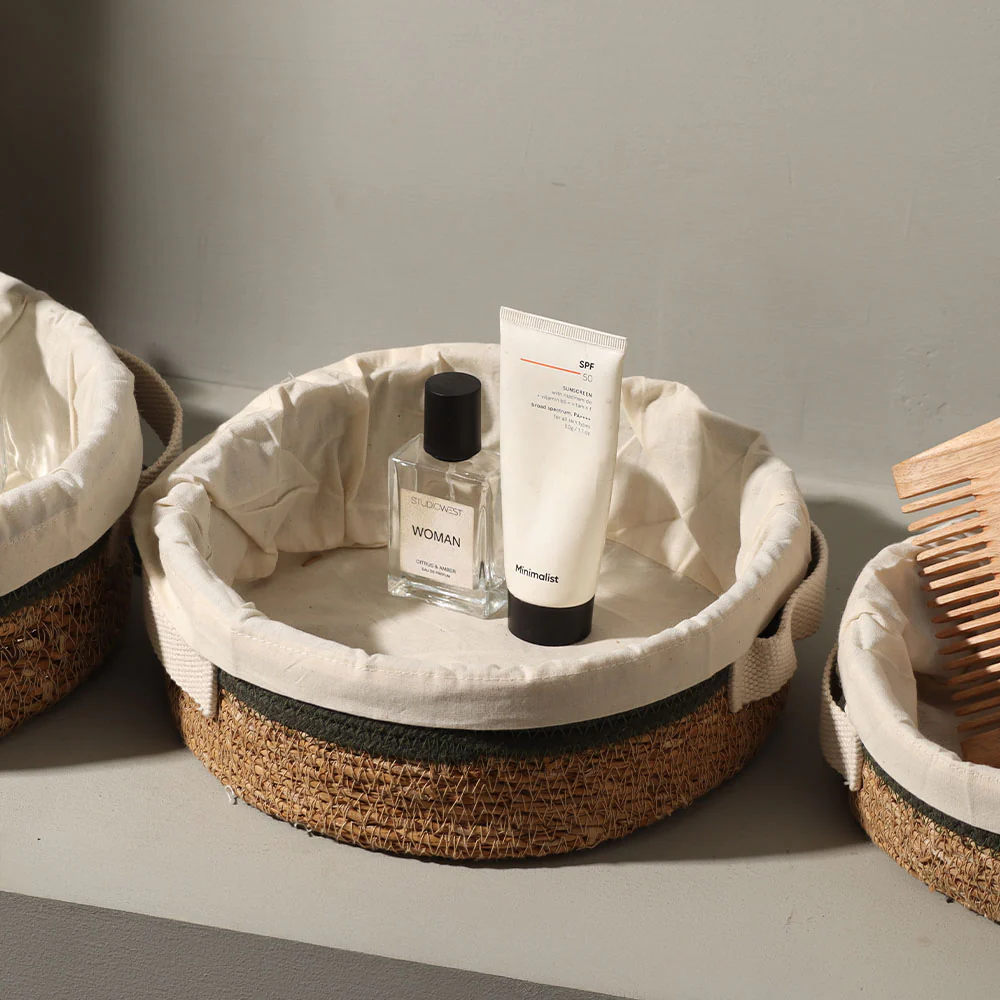 Lined Seagrass Round Storage Baskets, Set of 3 - Natural Olive - Image 4