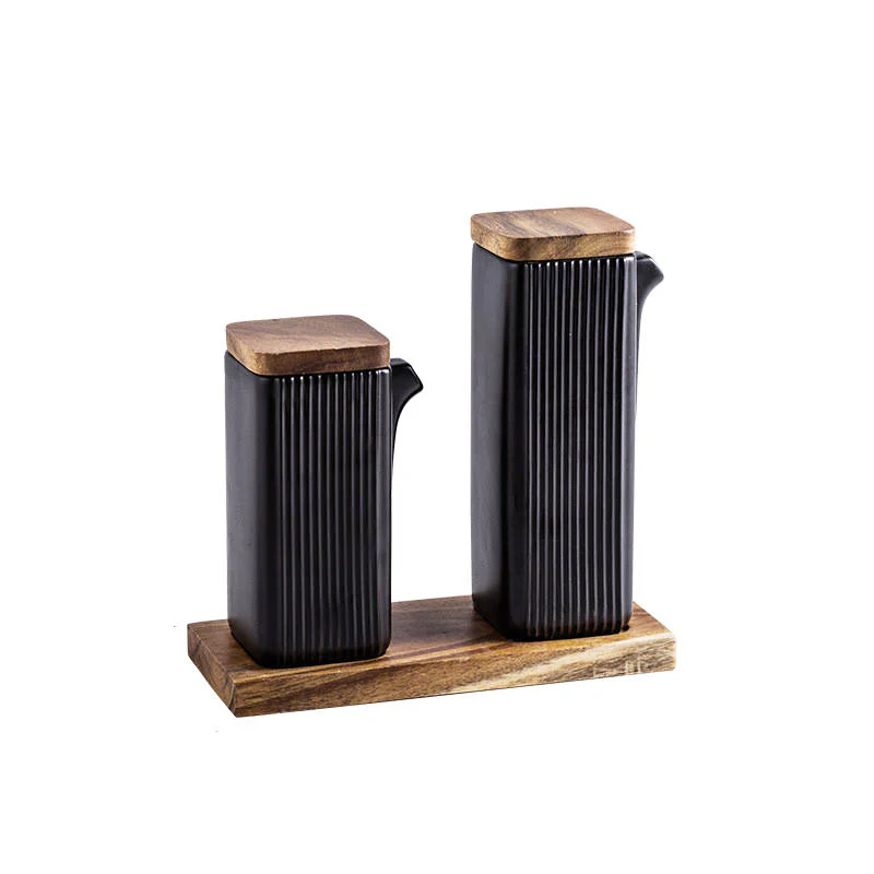 Lines Ceramic Oil & Vinegar Bottles with Tray - Black - Image 3