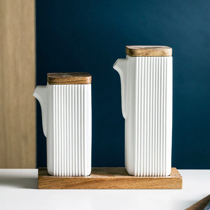 Lines Ceramic Oil & Vinegar Bottles with Tray - White - Image 2