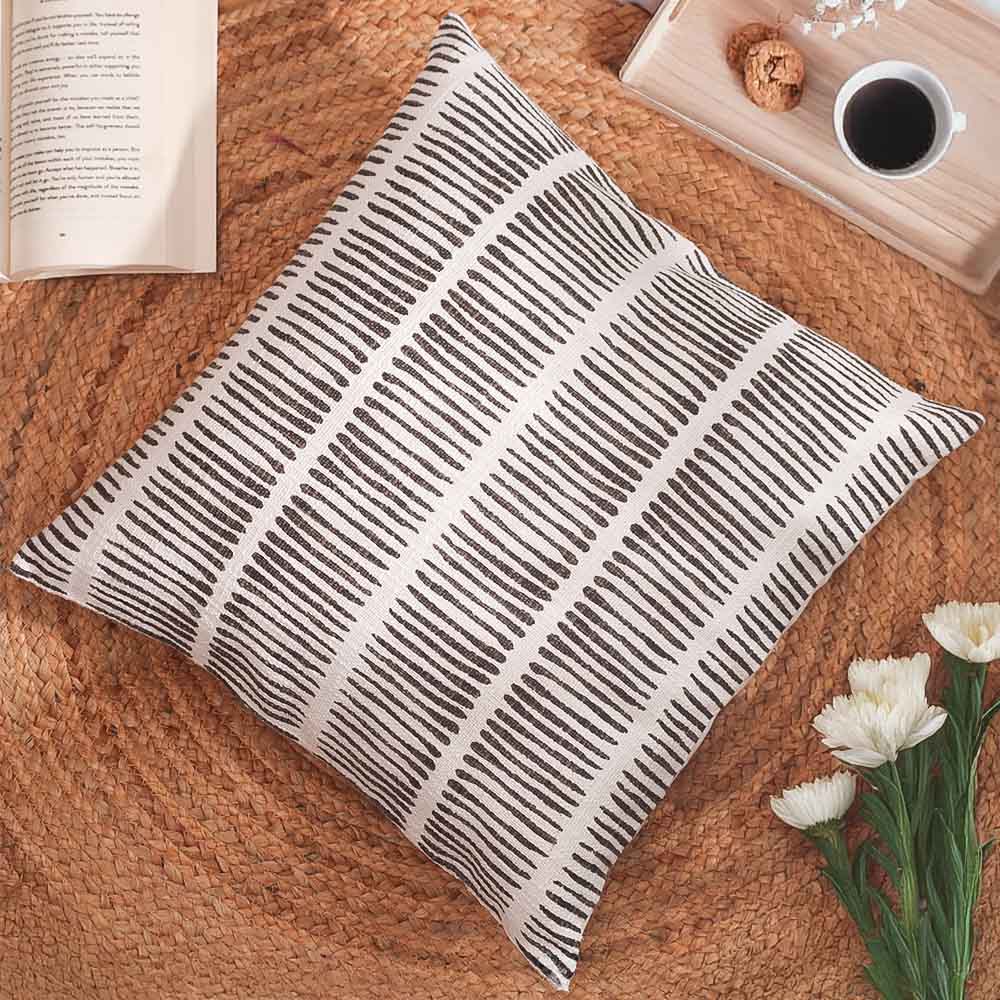 Lines Printed Cotton Cushion Cover 45x45cm - Grey White - Image 2