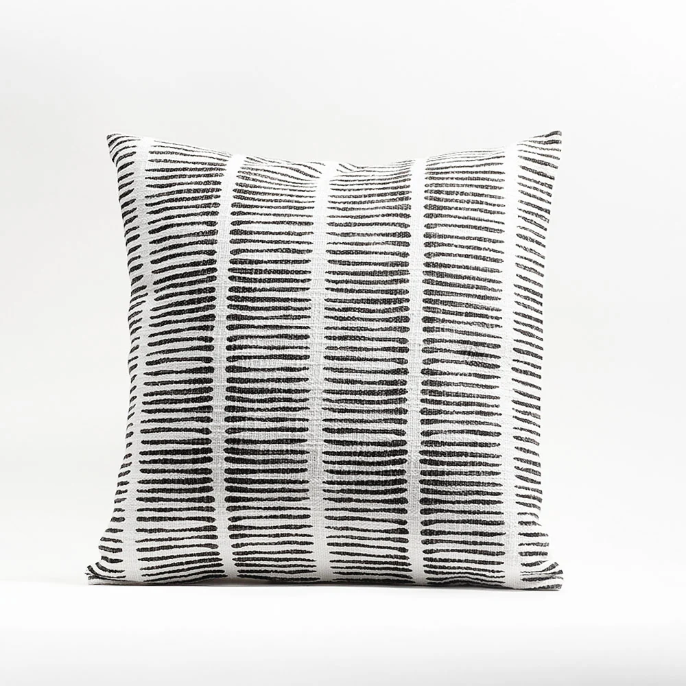 Lines Printed Cotton Cushion Cover 45x45cm - Grey White - Image 3