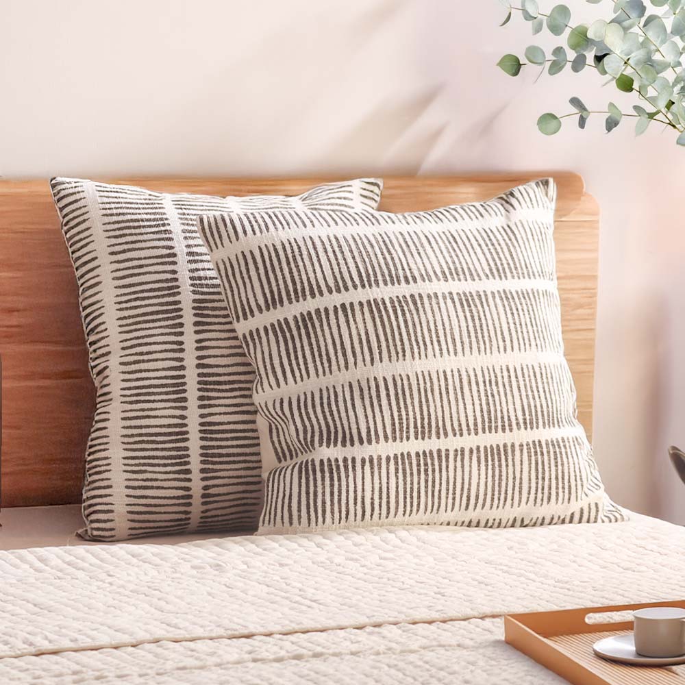 Lines Printed Cotton Cushion Cover 45x45cm - Grey White - Image 4