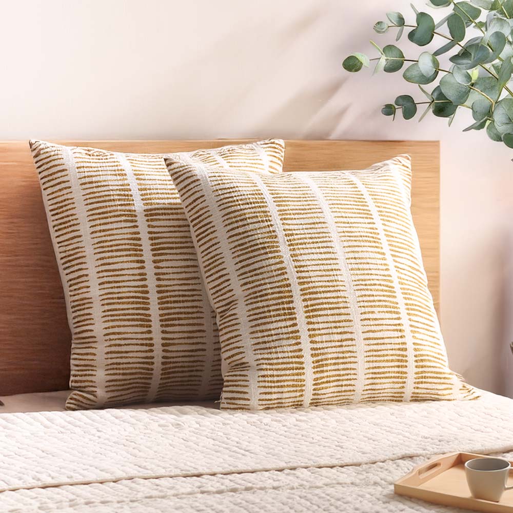 Lines Printed Cotton Cushion Cover 45x45cm - Mustard White