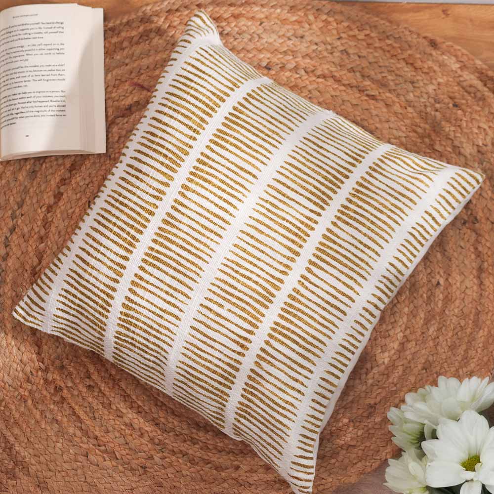 Lines Printed Cotton Cushion Cover 45x45cm - Mustard White - Image 2