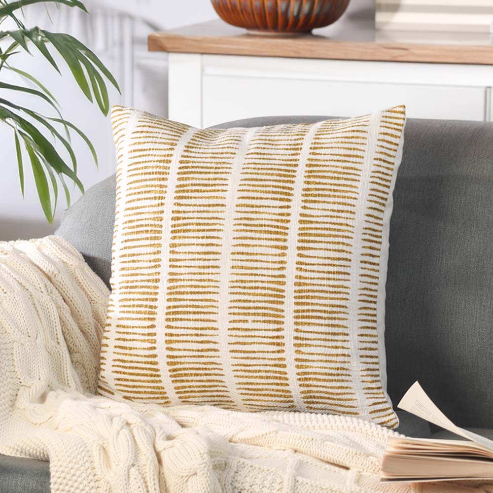 Lines Printed Cotton Cushion Cover 45x45cm - Mustard White - Image 4