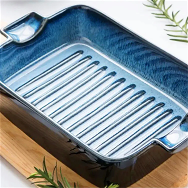 Lines Rectangular Ceramic Baking Tray - Blue - Image 10