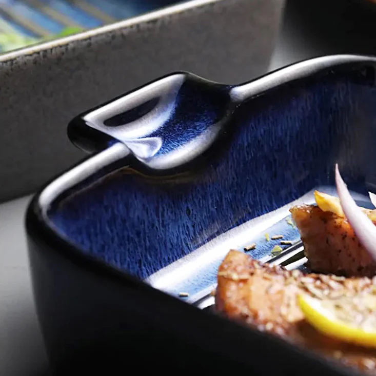 Lines Rectangular Ceramic Baking Tray - Blue - Image 11