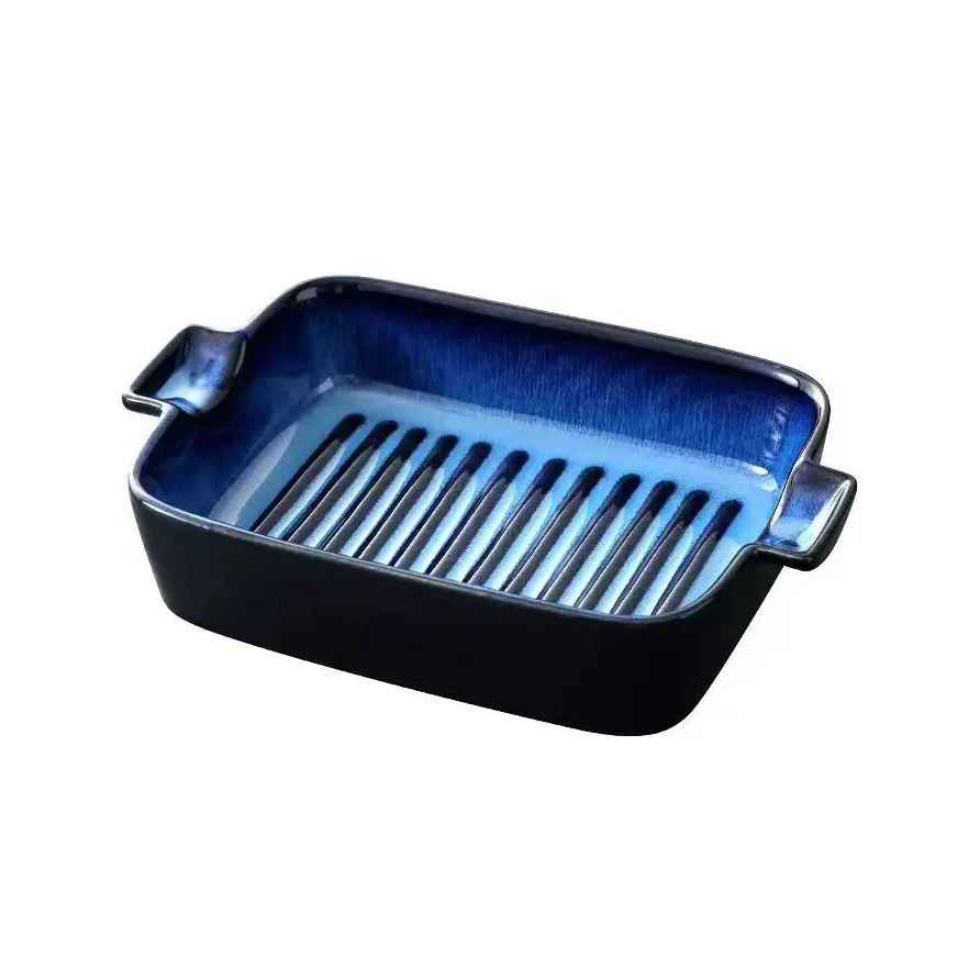 Lines Rectangular Ceramic Baking Tray - Blue - Image 3