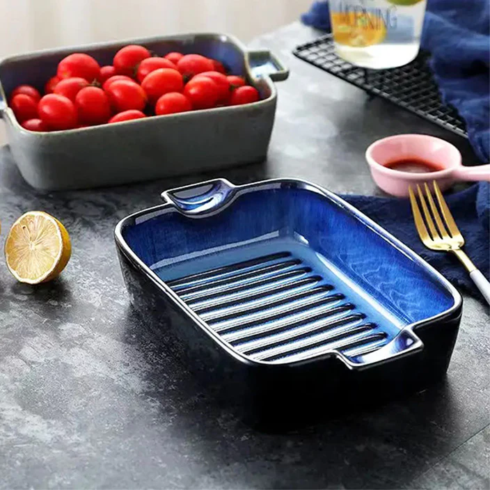 Lines Rectangular Ceramic Baking Tray - Blue - Image 5
