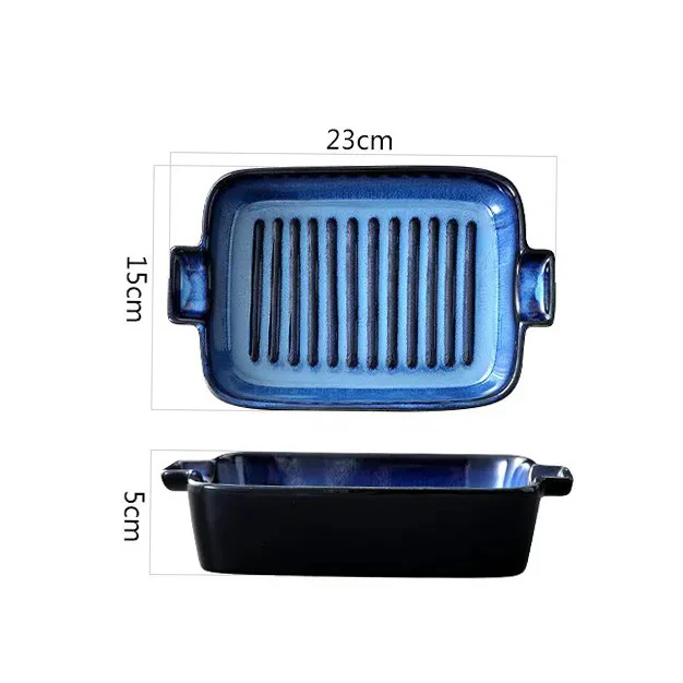 Lines Rectangular Ceramic Baking Tray - Blue - Image 6