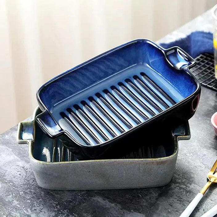 Lines Rectangular Ceramic Baking Tray - Blue - Image 7