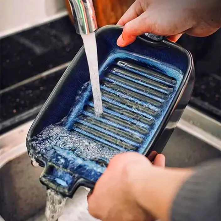 Lines Rectangular Ceramic Baking Tray - Blue - Image 8