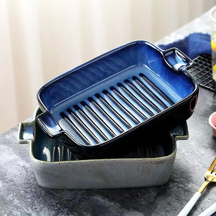 Lines Rectangular Ceramic Baking Tray - Blue - Image 9