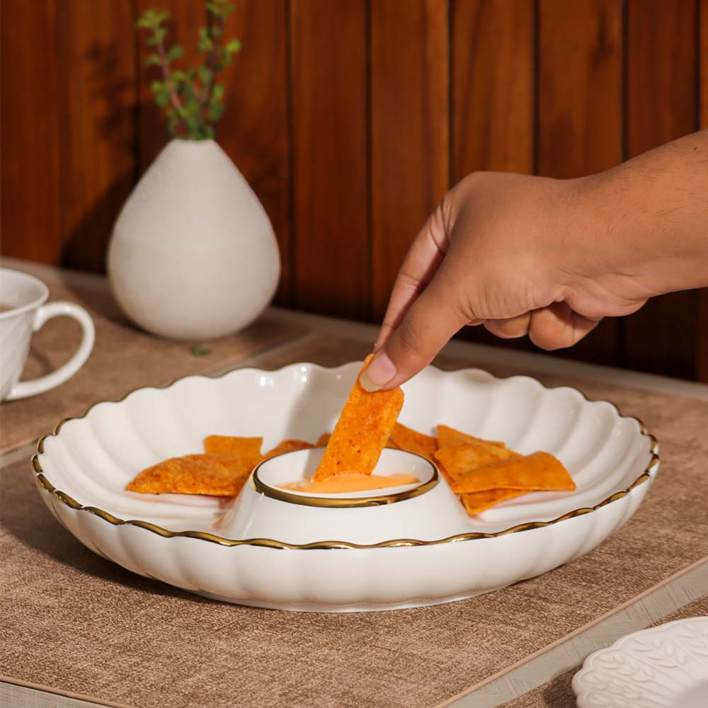 Lines Round Serving Plate With Dip Section - White - Image 2
