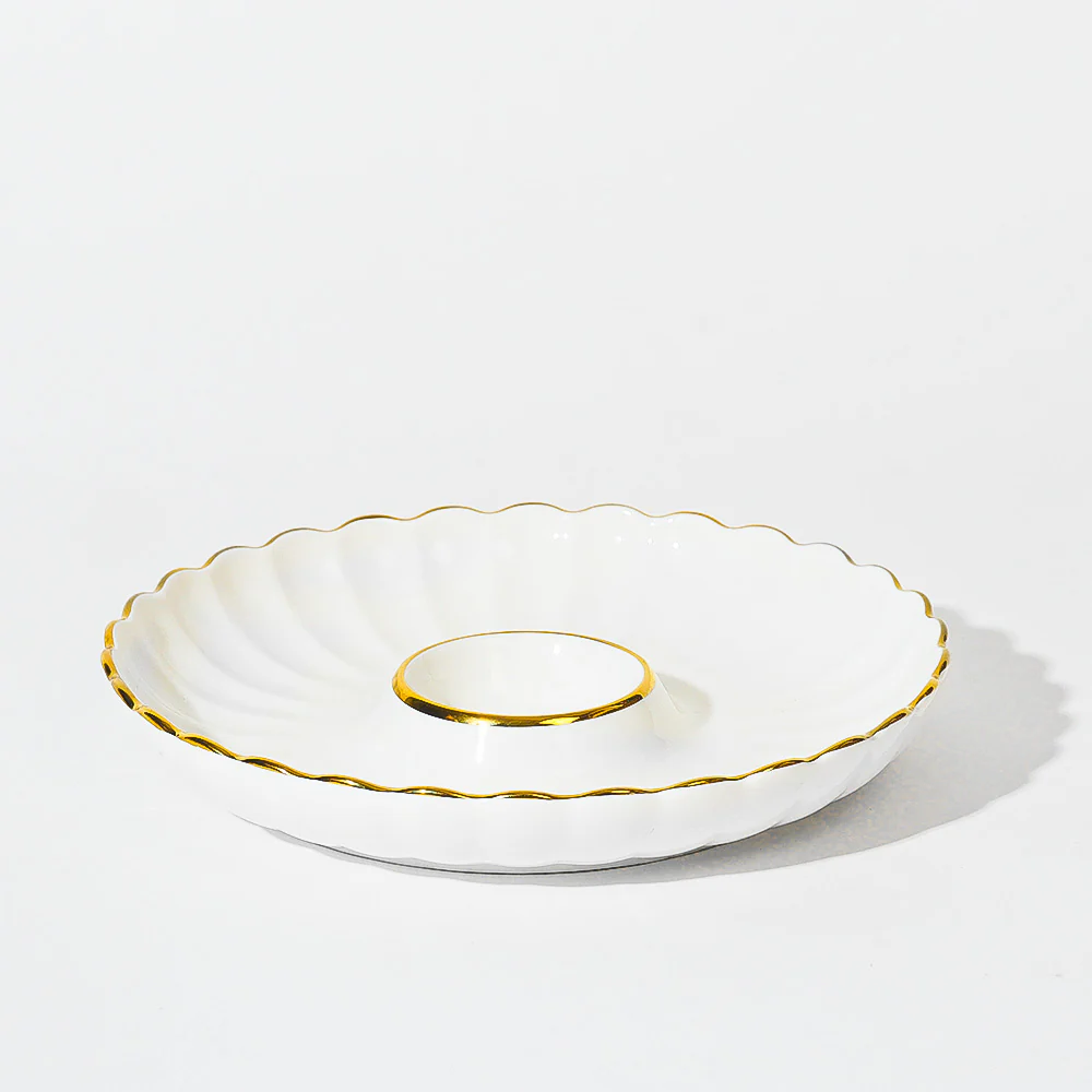 Lines Round Serving Plate With Dip Section - White - Image 3
