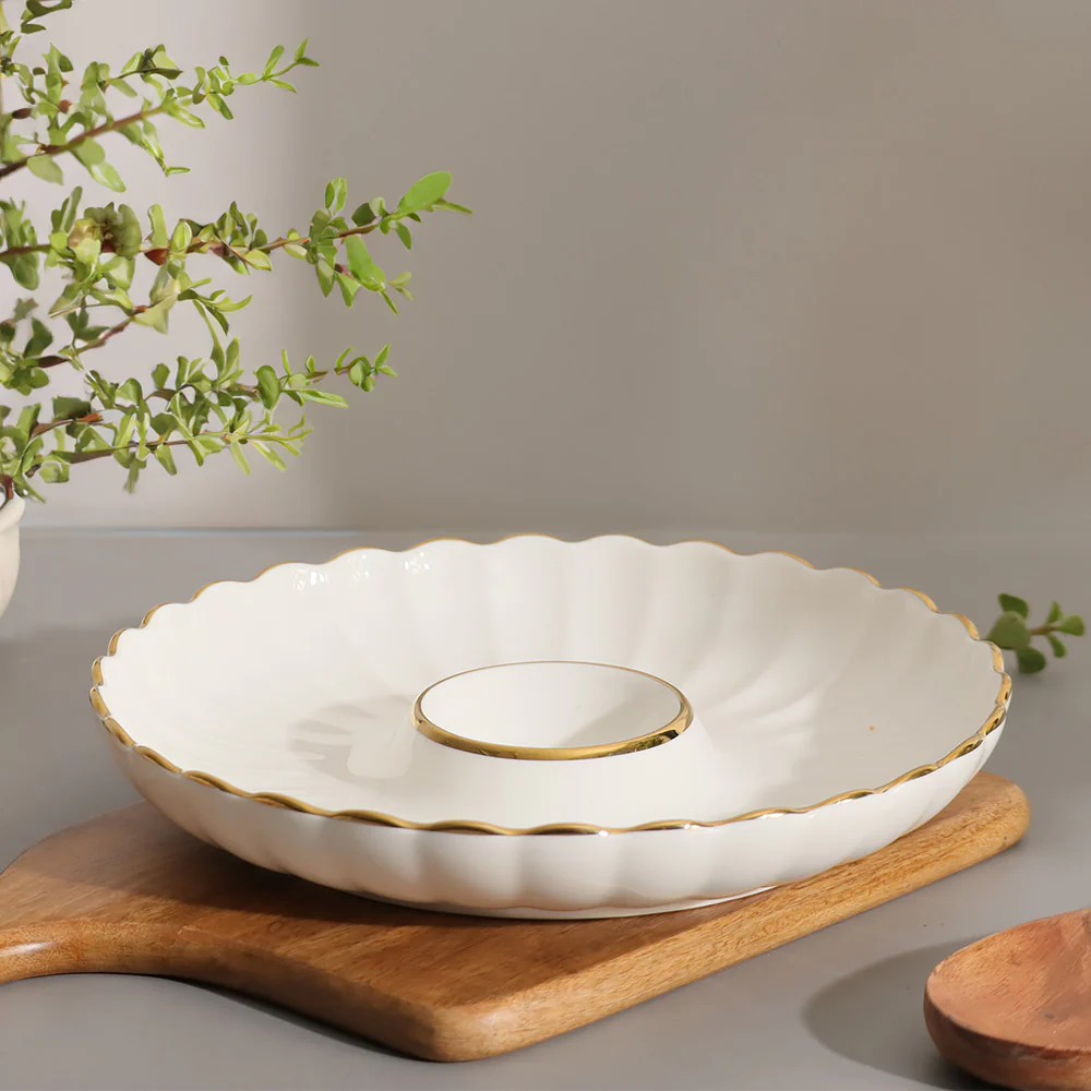 Lines Round Serving Plate With Dip Section - White - Image 4