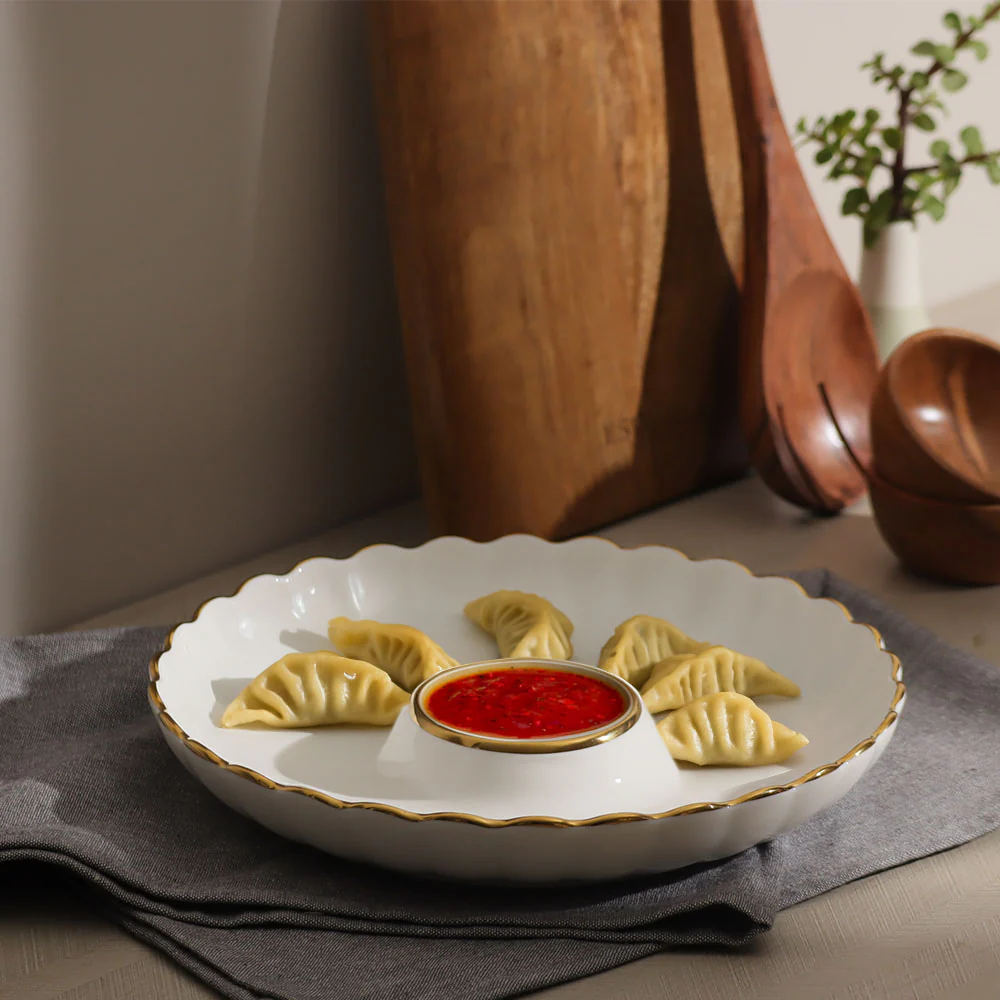 Lines Round Serving Plate With Dip Section - White - Image 5