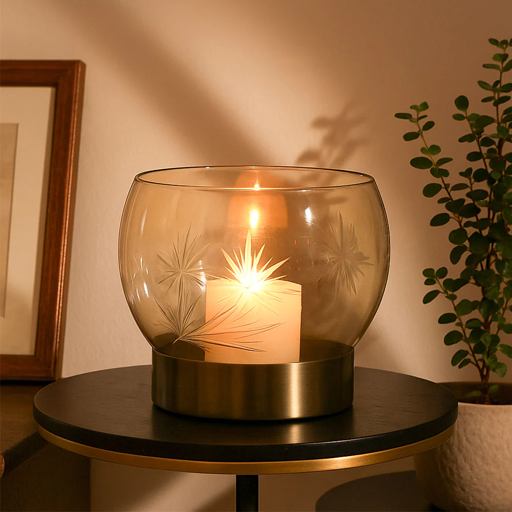 Lotus Glass Round Hurricane Large - Tinted Gold - Image 2