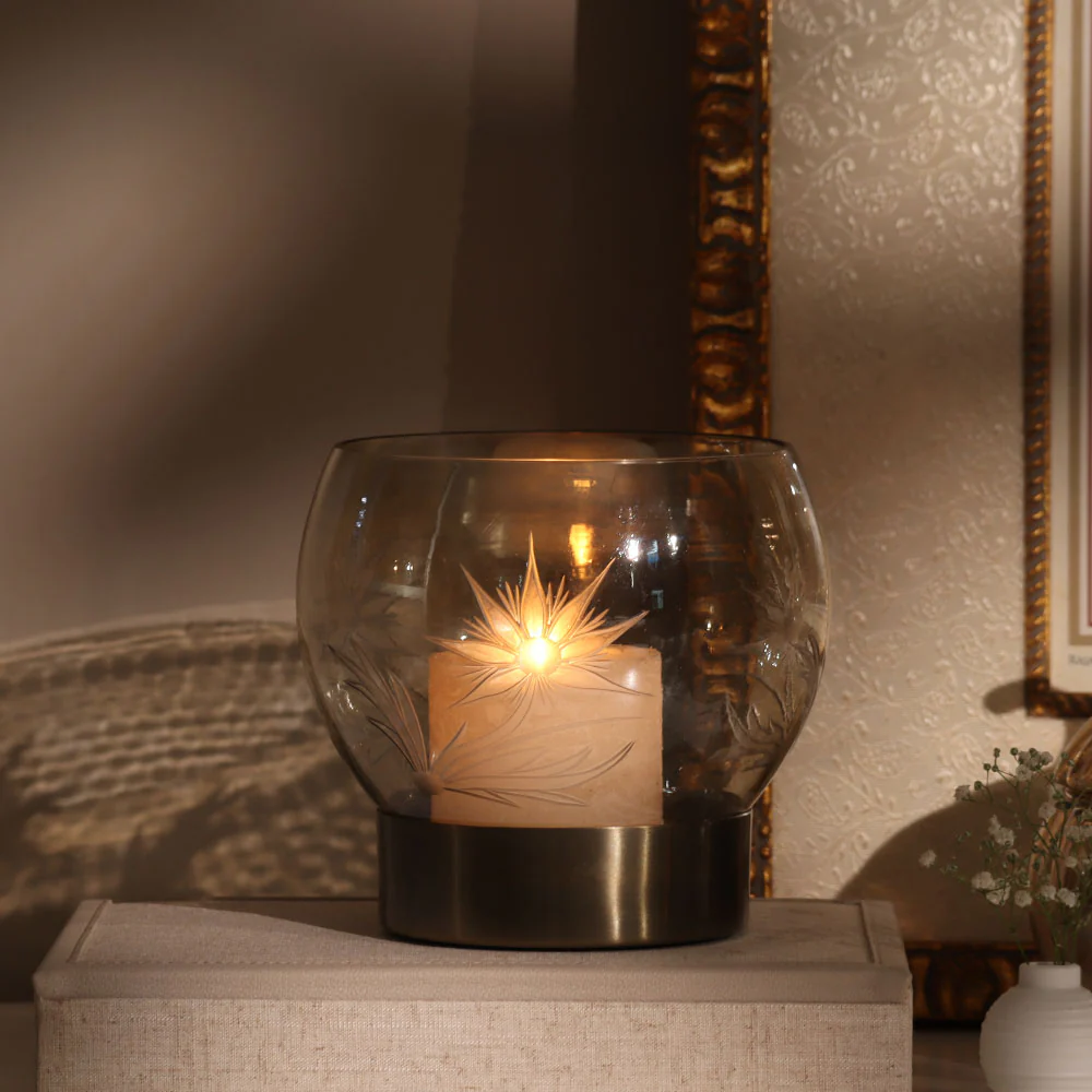 Lotus Glass Round Hurricane Large - Tinted Gold - Image 5