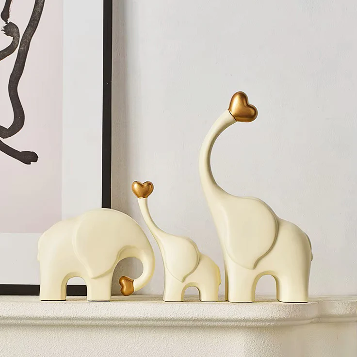 Love Elephant Sculptures, Set of 3 - Gold Cream
