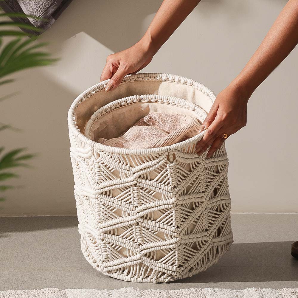 Macrame Honeycomb Round Baskets, Set of 2 - Cream - Image 3