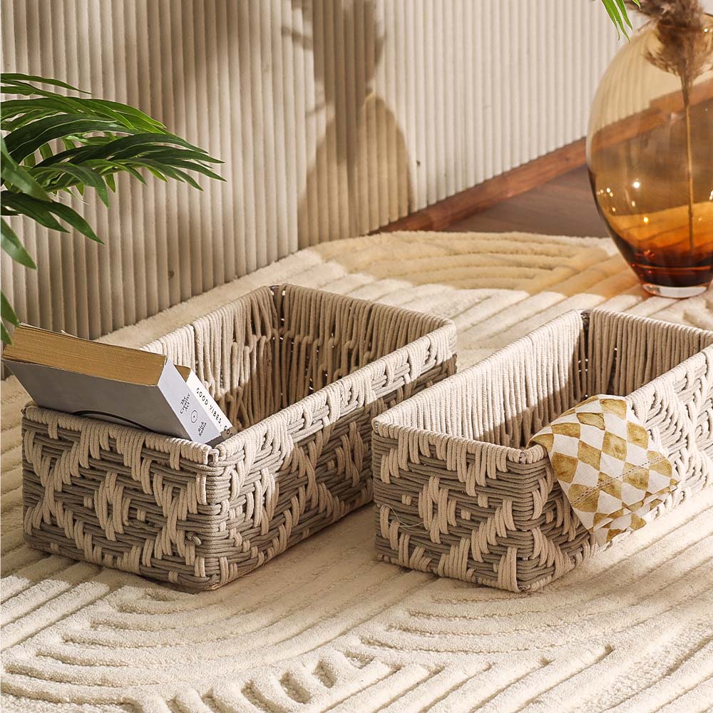 Macrame Ikat Rectangular Baskets, Set of 2 - Cream - Image 2