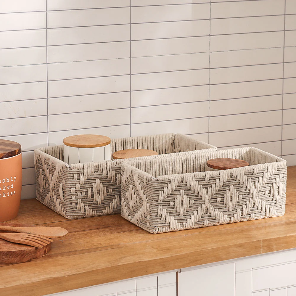 Macrame Ikat Rectangular Baskets, Set of 2 - Cream - Image 4