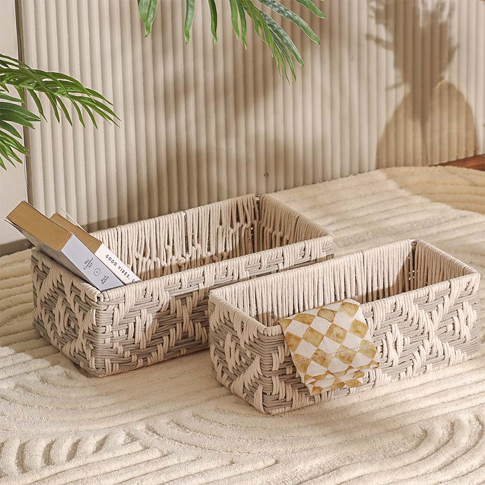 Macrame Ikat Rectangular Baskets, Set of 2 - Cream - Image 5