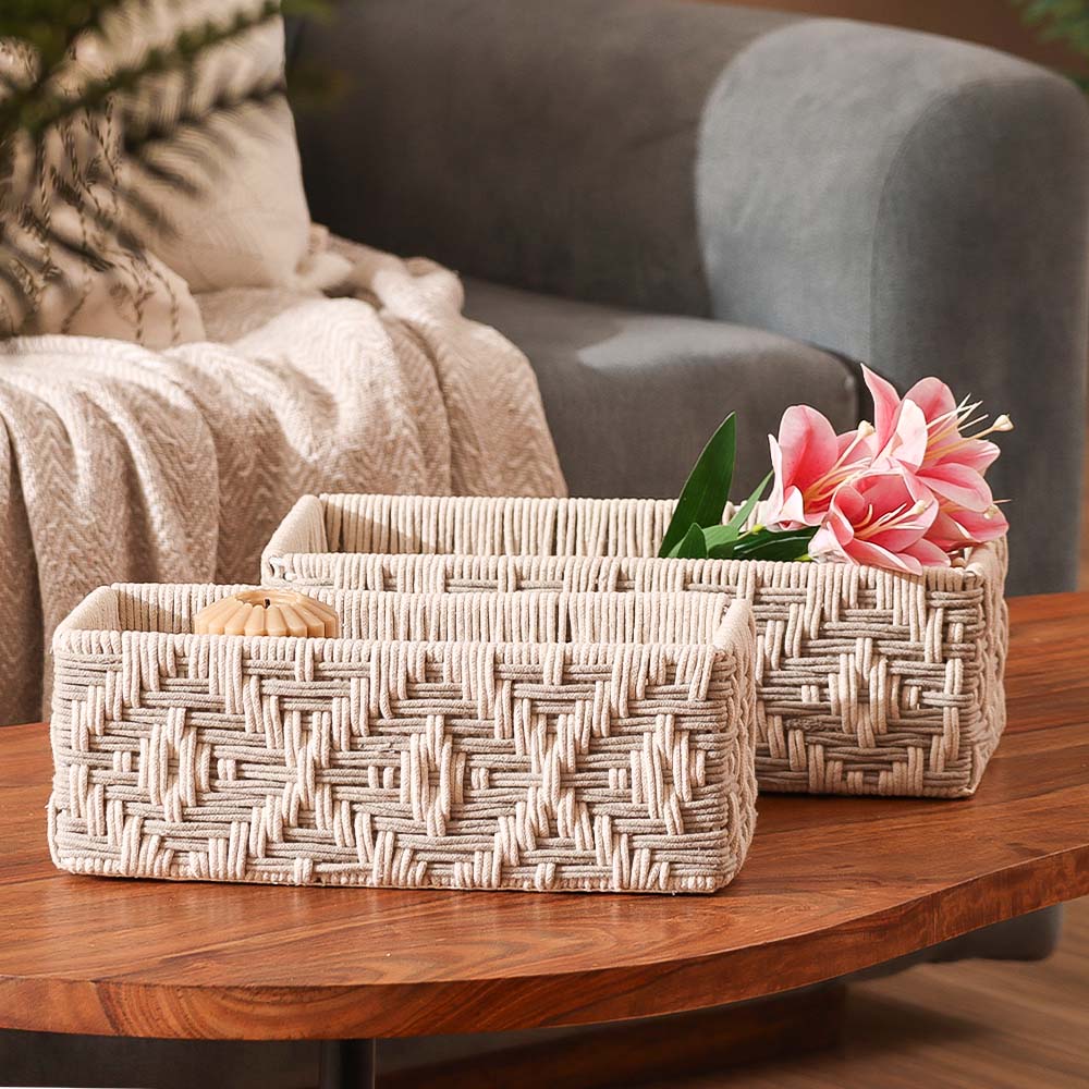 Macrame Ikat Rectangular Baskets, Set of 2 - Cream - Image 6