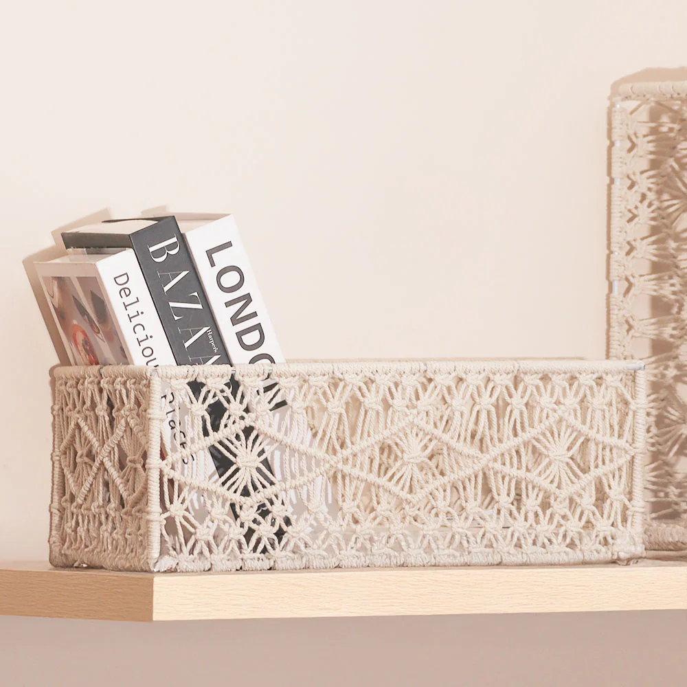Macrame Rectangular Storage Boxes, Set of 2 - Ivory - Image 5