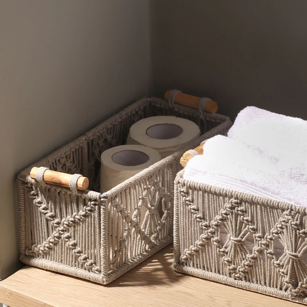 Macrame Rectangular Storage Boxes with Handles, Set of 2 - Grey - Image 3
