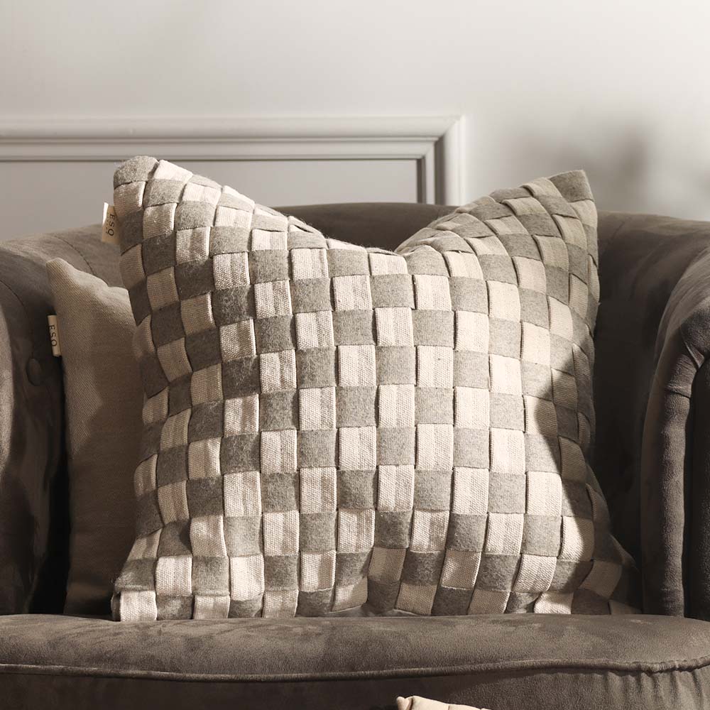 Macro Checkered Cotton Cushion Cover 45x45cm - Grey Beige - Image 4