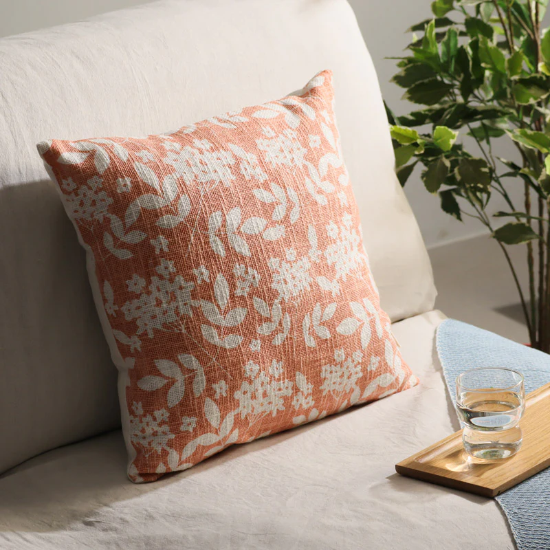 Magnolia Printed Cotton Cushion Cover 45x45cm - Peach White - Image 3