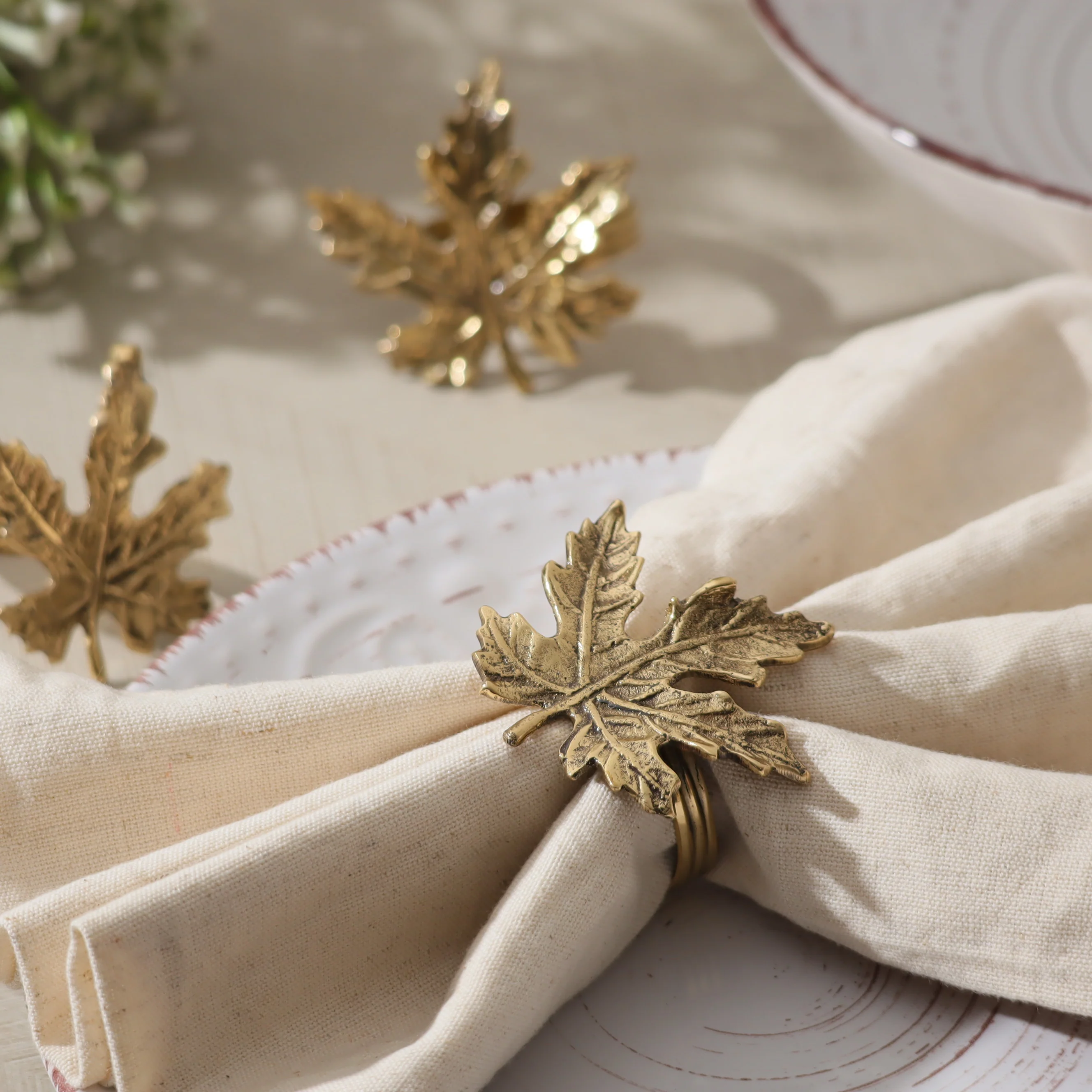 Maple Brass Napkin Rings, Set of 6 - Gold - Image 2