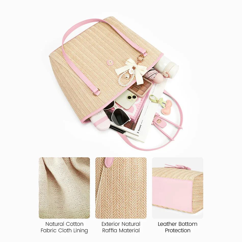 Marina Raffia Tote Bag - Pink - Image 5