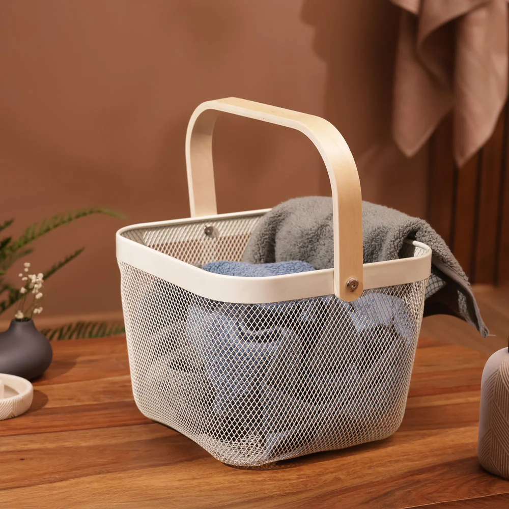 Mesh Square Basket with Handle - Cream - Image 3