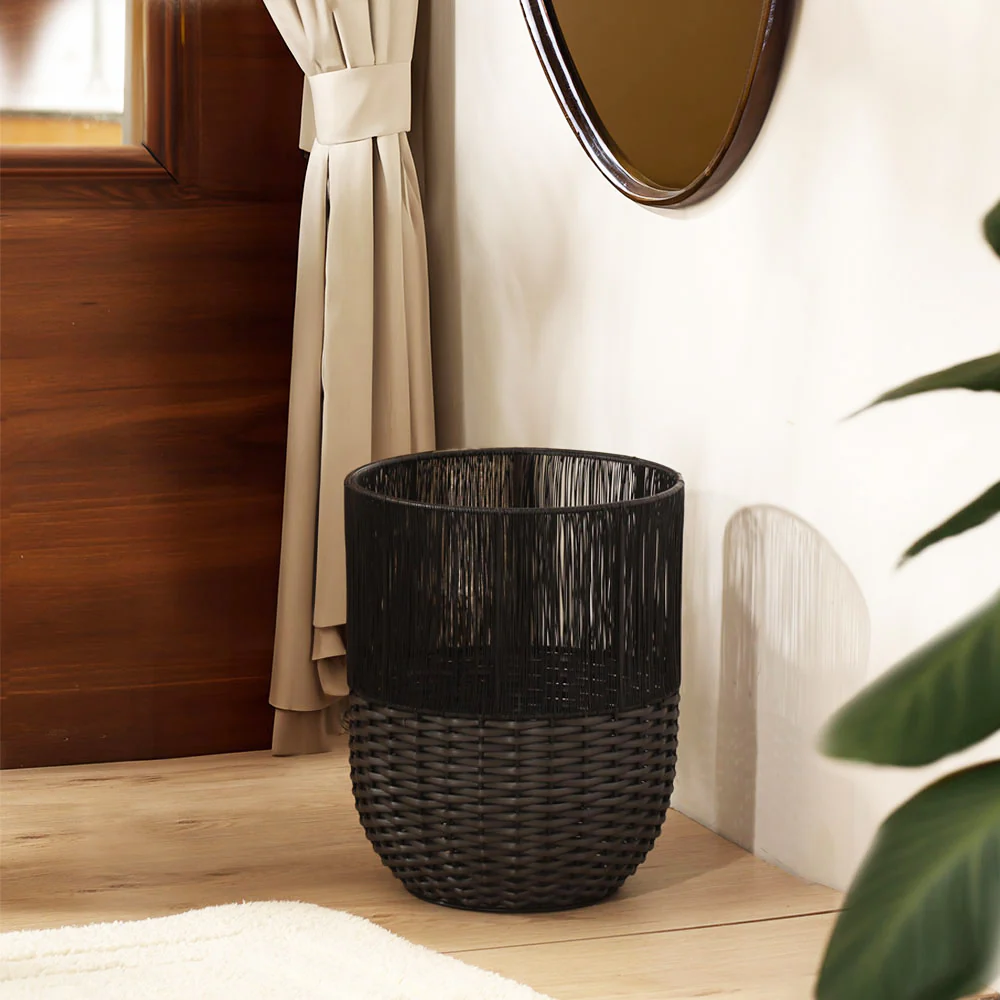 Metal and Rattan Open Basket - Charcoal Black - Image 2