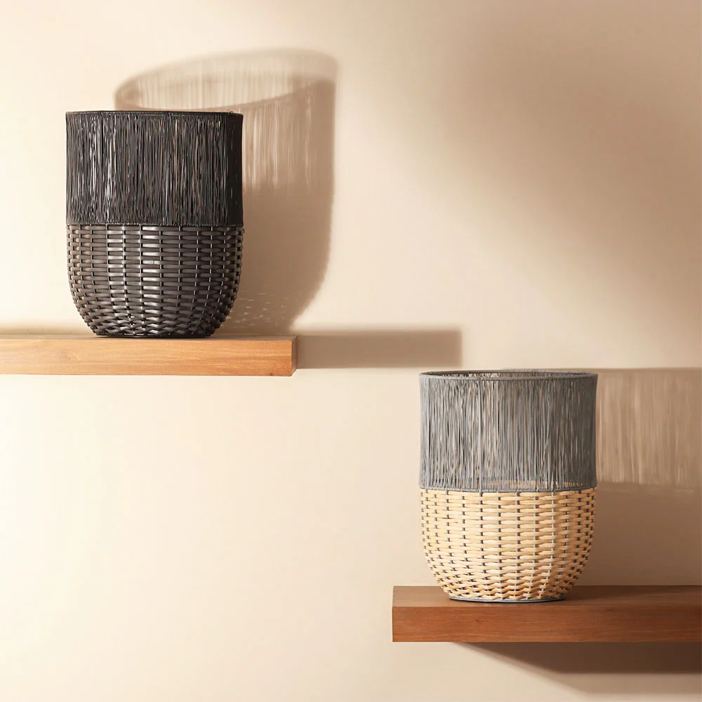 Metal and Rattan Open Basket - Charcoal Black - Image 5