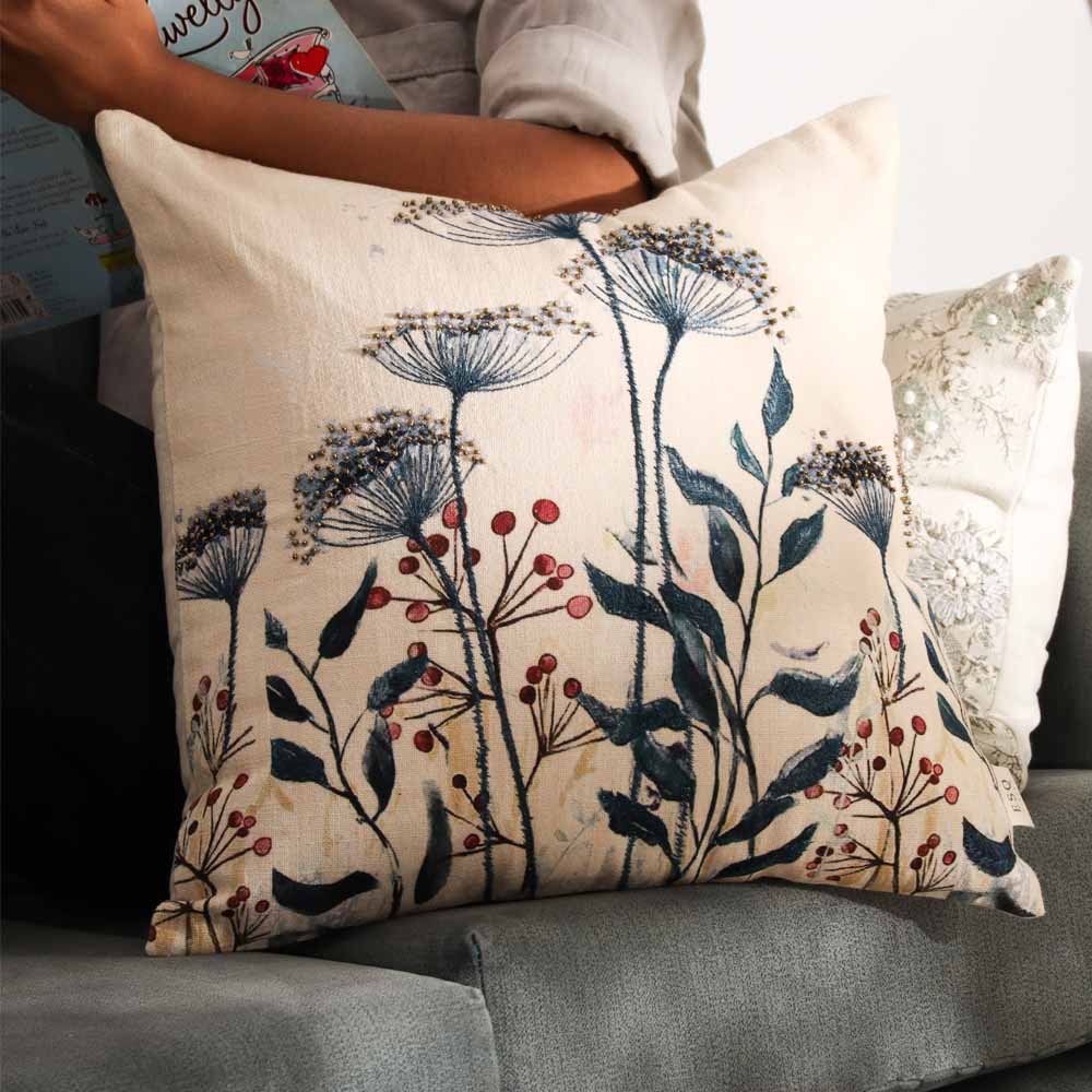 Milkweed Beaded & Printed Cotton Cushion Cover 45x45cm - Blue Cream - Image 3