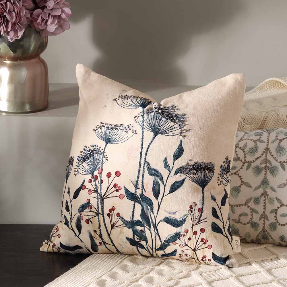Milkweed Beaded & Printed Cotton Cushion Cover 45x45cm - Blue Cream - Image 4