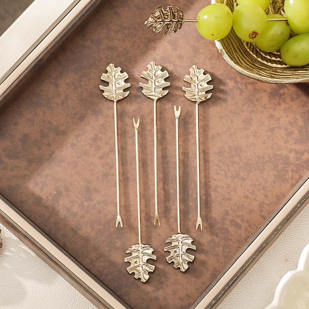 Monstera Metal Appetizer Picks, Set of 6 - Gold - Image 2
