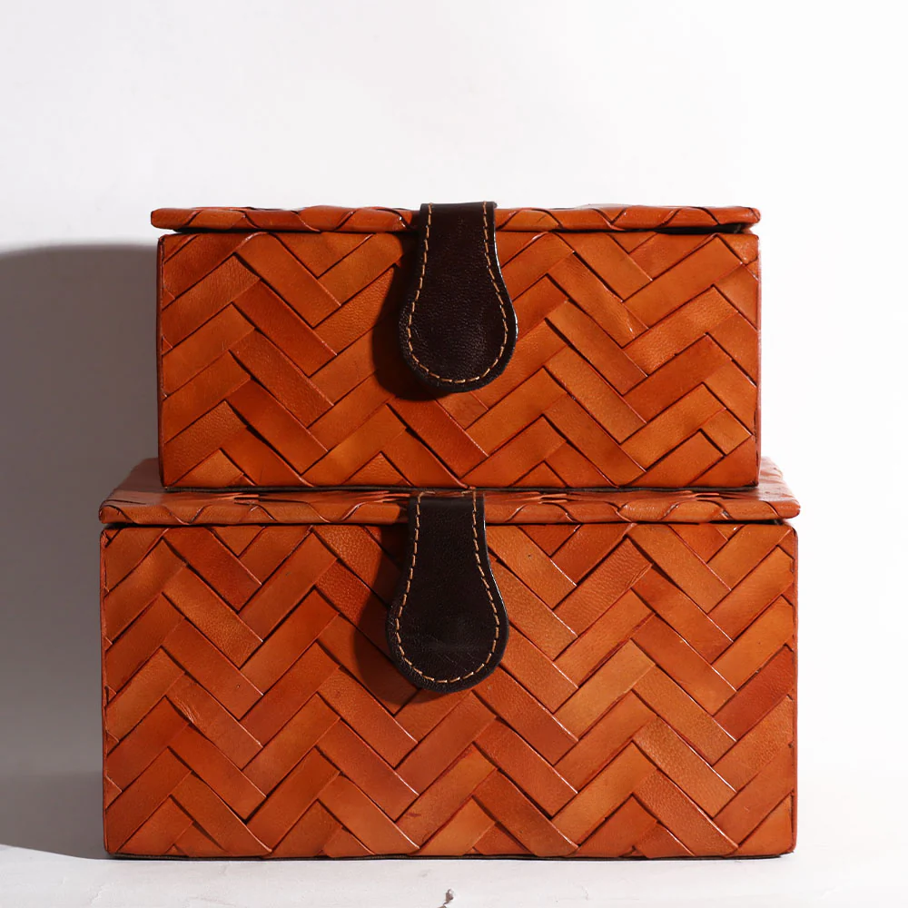 Nested Woven Leather Storage Boxes, Set of 2 - Tan - Image 3
