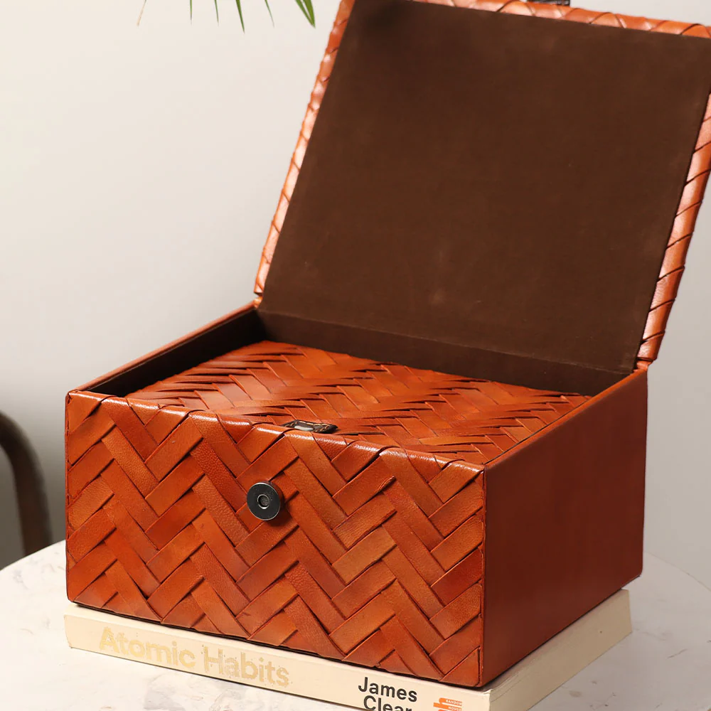 Nested Woven Leather Storage Boxes, Set of 2 - Tan - Image 6