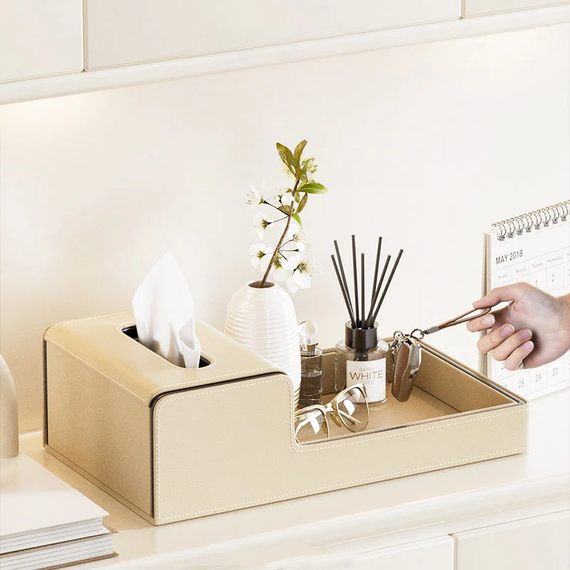Node Tissue Box Holder with Tray - Light Beige - Image 3