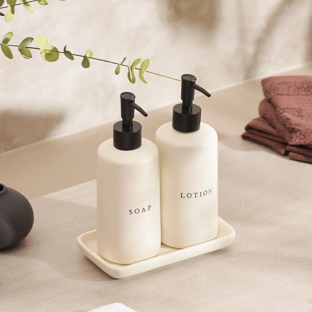 Noir Dual Dispenser Set with Tray - Cream Black - Image 2