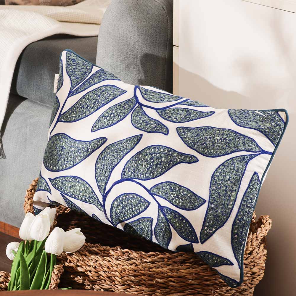 Oliva Embroidered Cushion Cover 50x30cm - Green Blue - Image 2