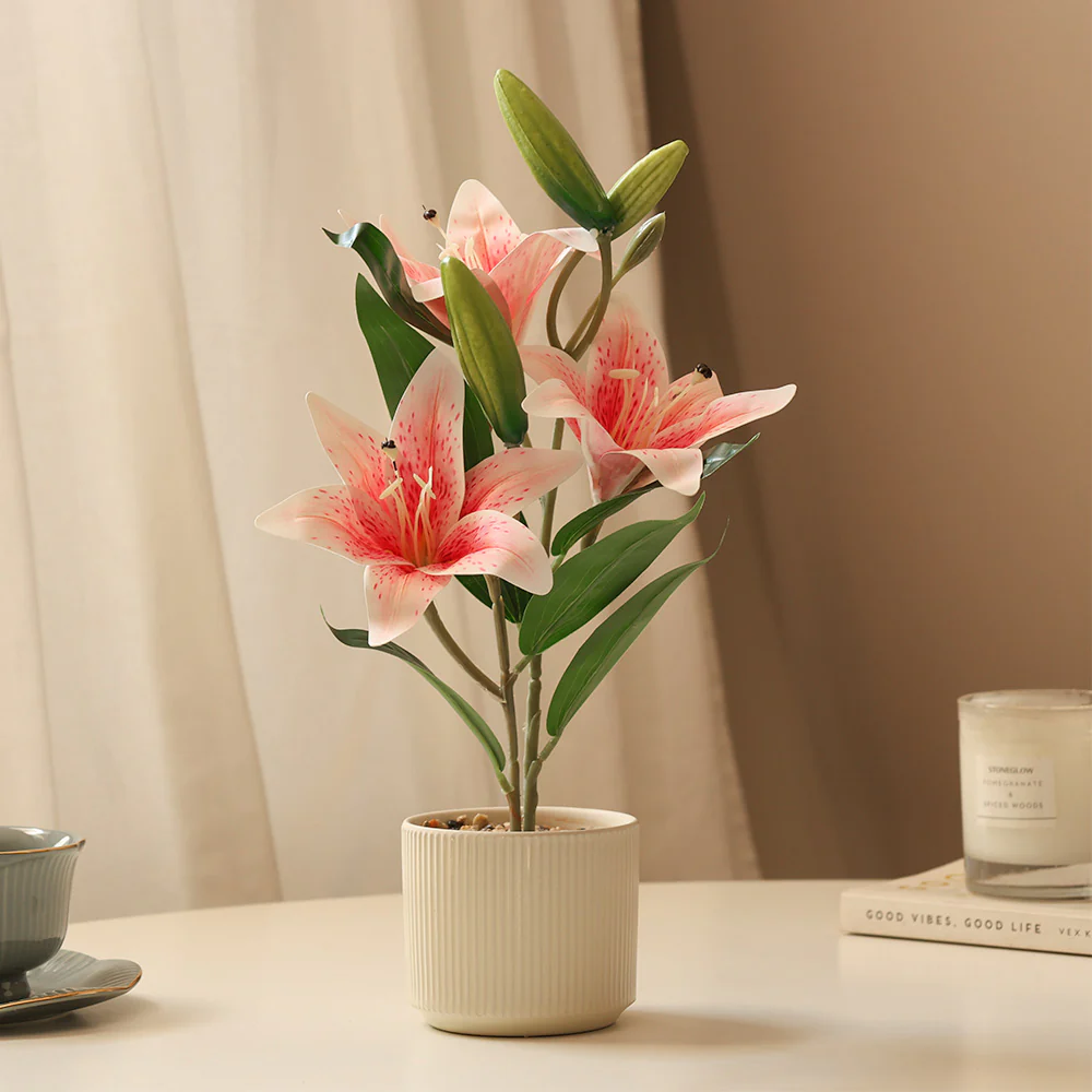 Oriental Lilies Artificial Potted Plant - Pink Cream - Image 2