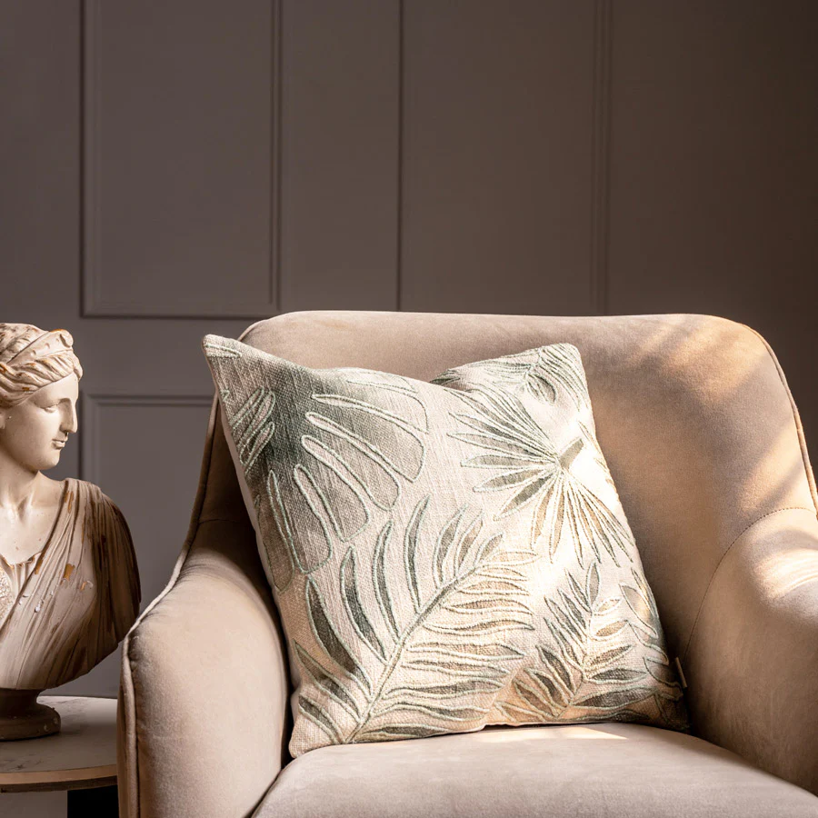 Palm Embroidered Cushion Cover 45x45cm - Green Beige