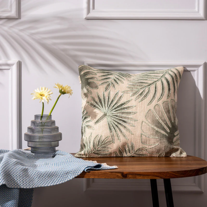 Palm Embroidered Cushion Cover 45x45cm - Green Beige - Image 2