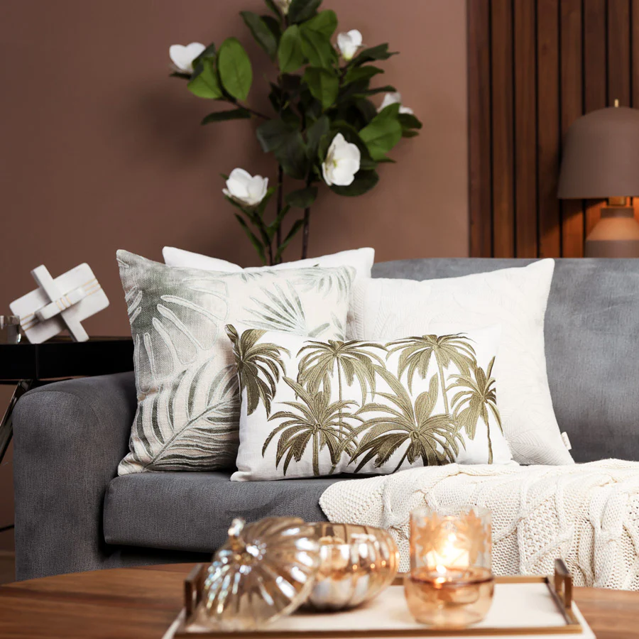 Palm Embroidered Cushion Cover 45x45cm - Green Beige - Image 5